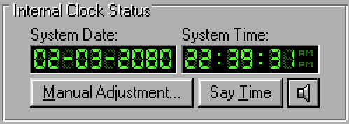 Part of Atomic Clock’s main window, showing a date of 02-03-2080 and a time of  22:39:31